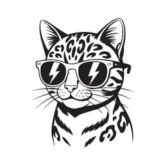 Cool cat illustration wearing sunglasses with lightning bolt designs on the lenses.