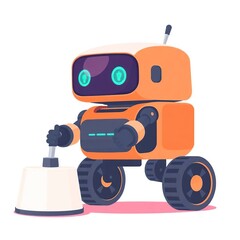 Orange Robot Pushing Button.