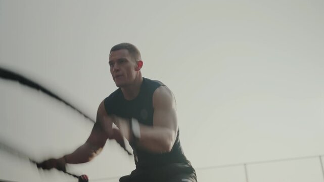 Focused Male Athlete Training on Parallel Bars Outdoors. A young, determined male athlete performs strength training on parallel bars against a clear, muted background.