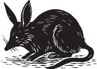 Black silhouette of a bilby a marsupial native to australia with long ears and a pointed snout depicted in a woodcut style