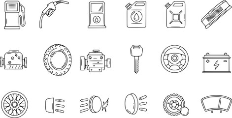 Fototapeta premium Outline icons of gas station equipment and car elements 