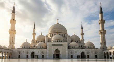 Naklejka premium Majestic Mosque with Minarets Under Blue Sky