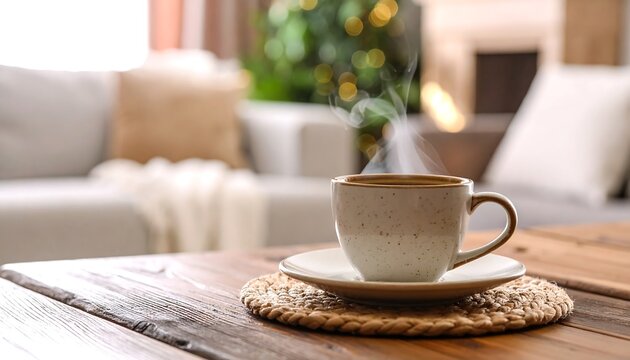 Cozy cup of steaming coffee on a wooden table, blurred living room background