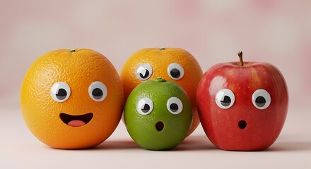 Playful fruits orange apple and lime characters on pink background