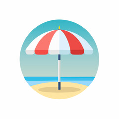 Obraz premium Beach umbrella with red and white alternating panels standing upright on sandy ground