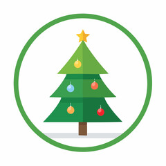 Obraz premium A simple green Christmas tree decorated with colorful baubles and topped with a yellow star, featuring three layers of branches and a brown trunk