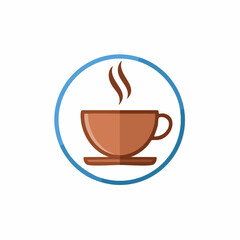 Obraz premium A simple illustration of a steaming cup of coffee on a saucer, enclosed within a circular blue border