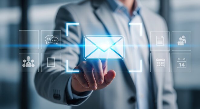 Businessman touching a digital envelope icon for email communication