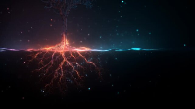 Abstract digital illustration of tree roots and branches with color gradients