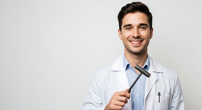 Smiling Doctor Holding Reflex Hammer in White Coat Portrait