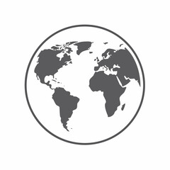 Simplified grayscale illustration of a globe showing continents including North America, South America, Europe, and Africa within a circular border