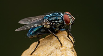 Close up view of a common housefly perched on a textured surface against a dark background