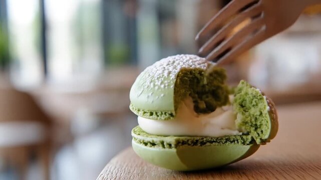 Close up of green macaron dessert with bite taken on tabletop
