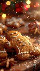 Close Up of Stacked Gingerbread Men with White Icing and Bokeh Lights