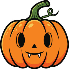 A friendly yet slightly spooky Jack-o'-lantern illustration featuring a wide smile with two small vampire fangs