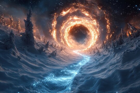 Spiral vortex in snow-covered landscape.