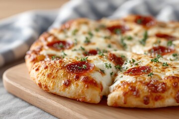 Close Up View Of Pepperoni Pizza On Wooden Board With Melted Cheese And Green Herbs