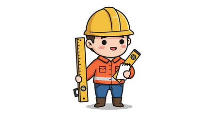 Cartoon Builder Holding Level and Ruler on White Background