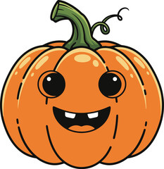 A gleefully smiling cartoon pumpkin illustration with a bright orange body, a green stem, and a face featuring big round eyes and a toothy grin. 