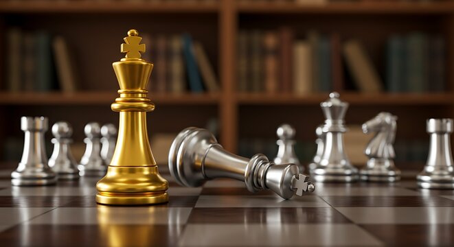 Golden king stands victorious over fallen chess piece on chessboard