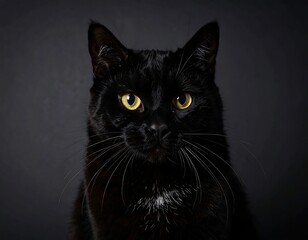 Close-up portrait of a black cat with piercing yellow eyes against a dark background