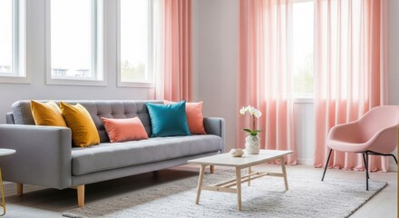 Fototapeta premium Modern Living Room with Colorful Accents and Natural Light