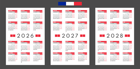 2026 2027 2028 pocket size 12 month calendars, whole year grid, french month names, monday first, two weekends