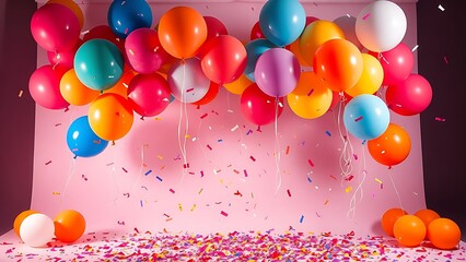A vibrant celebration setup with floating balloons and confetti, evoking joy and festivity.