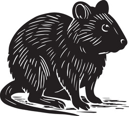 Detailed black and white woodcut illustration of a small rodent sitting on a textured surface with a long tail