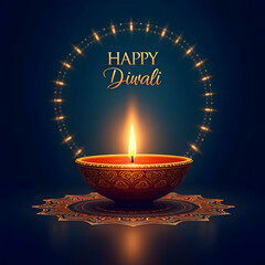 A digital image celebrating Diwali. An earthenware oil lamp, with "Happy Diwali" inscribed, is set against a dark blue backdrop. A ring of golden lights surrounds the image.