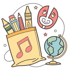 Creative school supplies including crayons pencils a globe and a musical note on a bag