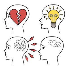 Four head silhouettes representing different mental states and ideas