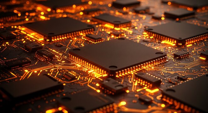 Close up view of a glowing circuit board with integrated processors and components - Powered by Adobe