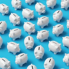 White pig piggy banks on blue background