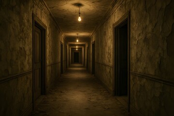 Endless, Creepy Abandoned Hotel Hallway: Long corridor with old doors, cracked walls, and single hanging light bulbs creating an eerie tunnel.