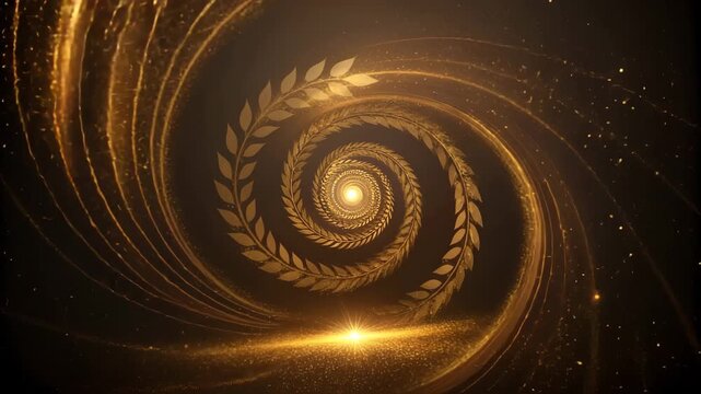 Illustration of golden laurel wreath spiral on dark background, a symbol of victory and achievement, creating a luxurious and elegant visual effect