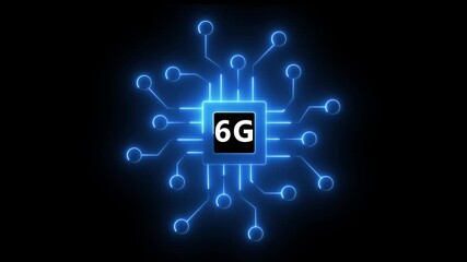 Animated circuit board, Chip 6G concept with hi-tech digital data connection system. 6g networking chip icon futuristic neon circuit board - Powered by Adobe