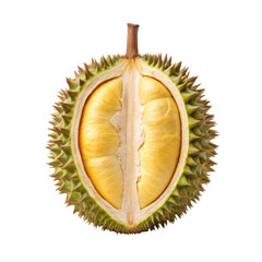 Fototapeta premium A durian fruit cut in half, revealing its creamy yellow flesh and spiky exterior.