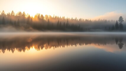 Fototapeta premium Tranquil forest scene mirrored in a peaceful lake, bathed in warm morning light with gentle mist.