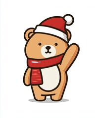 Cute beige bear sticker vector illustration wearing Christmas hat and scarf waving in full body front view on white background