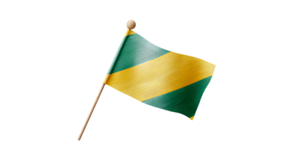 Waving flag with vibrant green and gold stripes on a wooden pole