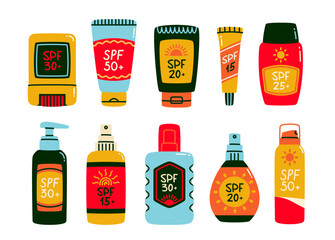 Set of sunscreen products. Colorful stickers with SPF lotion, cream, spray and oil for protection from sun ultraviolet rays. Flat vector illustration collection