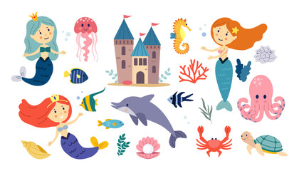 Set of cute mermaids. Stickers with charming underwater princesses, castle, dolphin, fish, and octopus. Marine fairytale characters for kids. Flat vector illustration collection