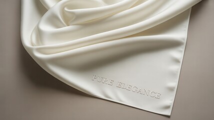 Luxurious ivory silk fabric drapes elegantly with embossed 'Pure Elegance' text, showcasing sophistication and premium quality for fashion or decor