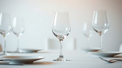 Elegant wine glass centered on a table, reflecting soft light in a minimalist and sophisticated setting.