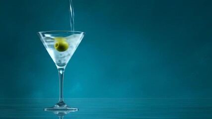 Martini cocktail pouring with olive on dark turquoise background - Powered by Adobe