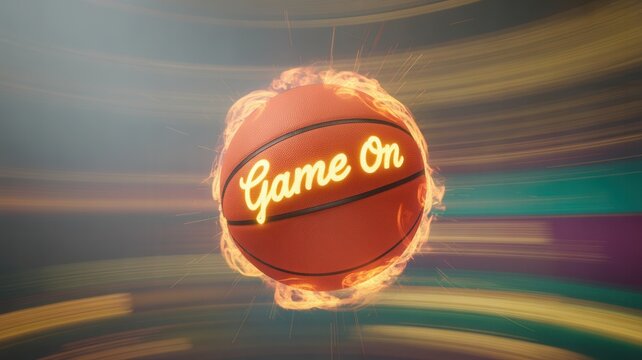 Ignite your passion with this dynamic basketball ablaze, featuring a bold 'Game On' neon glow, perfect for sports promotions and energetic branding campaigns.