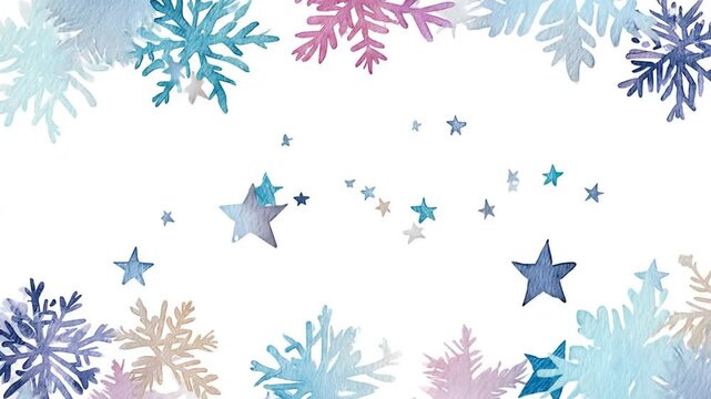 Watercolor snowflakes and stars decorative winter holiday background