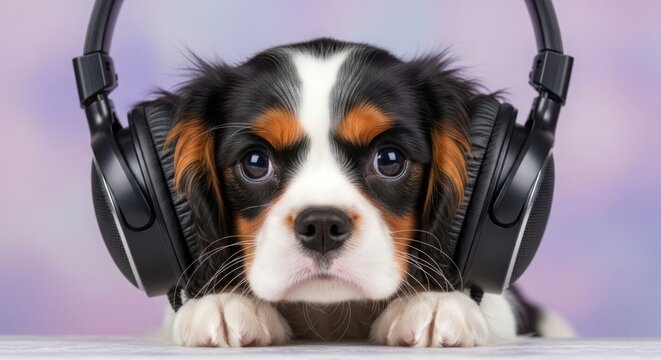 Adorable cavalier king charles spaniel puppy wearing black headphones on head
