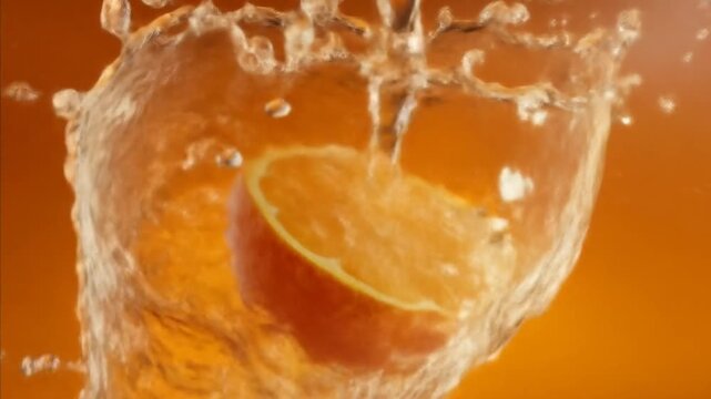 Fresh orange slice with water splashing against orange background